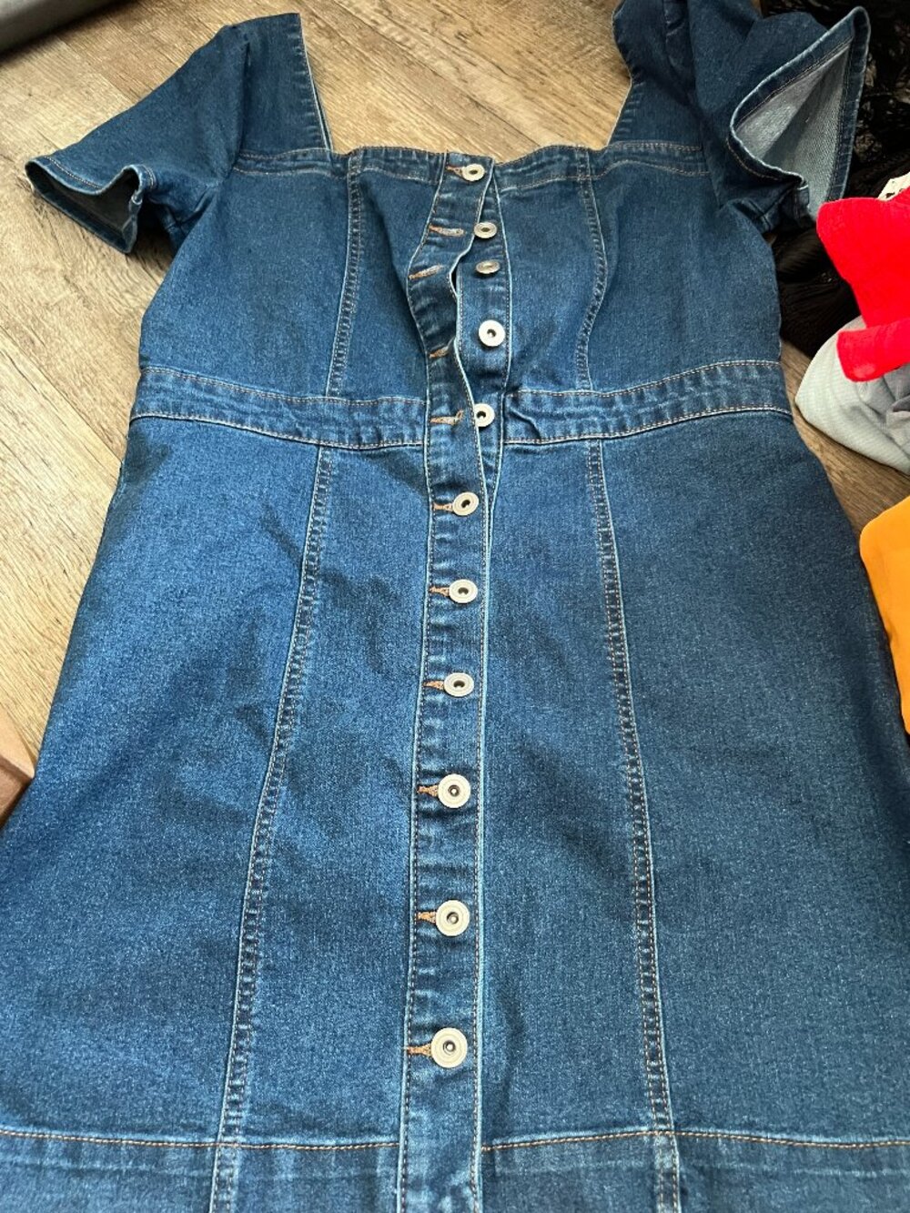 Girl*ish Los Angeles square neck short sleeve button up front denim dress
